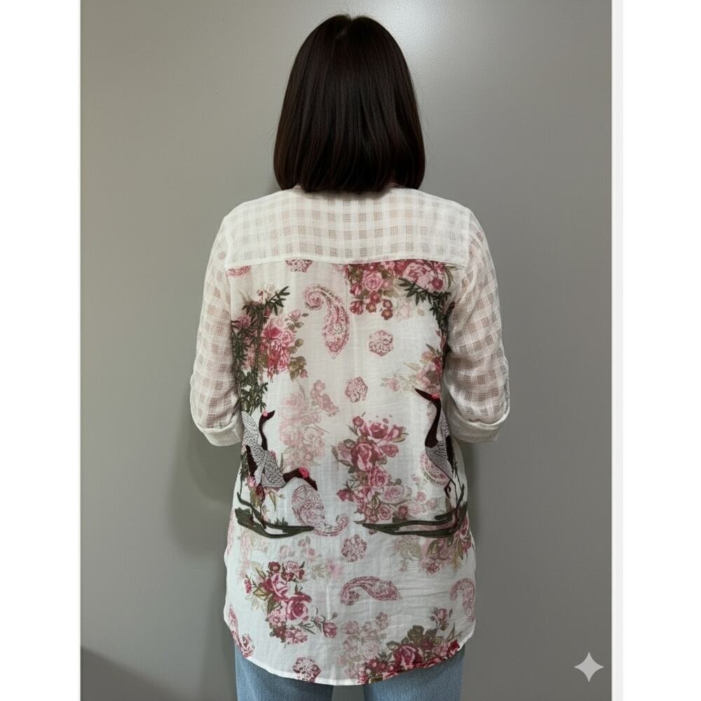 White Sheer Lace Floral Crane embroidery button down shirt Art Boho Romantic L - Picture 2 of 16